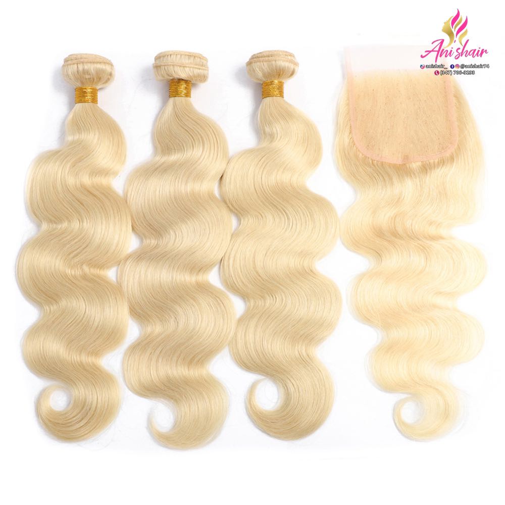 Item : Body Wave Human Hair 613 Blonde 4 Bundles With 4x4 Light Lace Closure  Hair Material: 100% Virgin Human Hair Bundles, Virgin Body Wave Weaves, Can be Dyed and Ironed by your favor  Hair Color: #613 Color  Hair Closure: 4*4 Lace Closure, Middle Part/Free Part/Three Part are available 10-20inch(The package will be enclose free part if without your note or message).  Lace Color: Transparent lace  Texture: Body Wave Hair Bundles, Soft, Comb Easily, Minimal Shedding, No Tangling